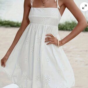 Zara White Eyelet Embroidered Open Back Poplin Balloon Hem Mini Dress - Size XS